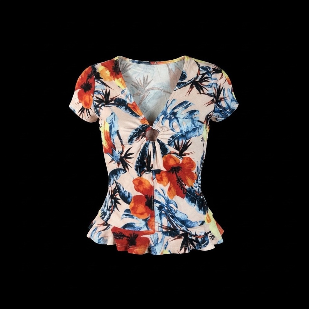 Love By Design Floral Sunset Ring Detail Peplum Top K03750J Pink Tropical Small